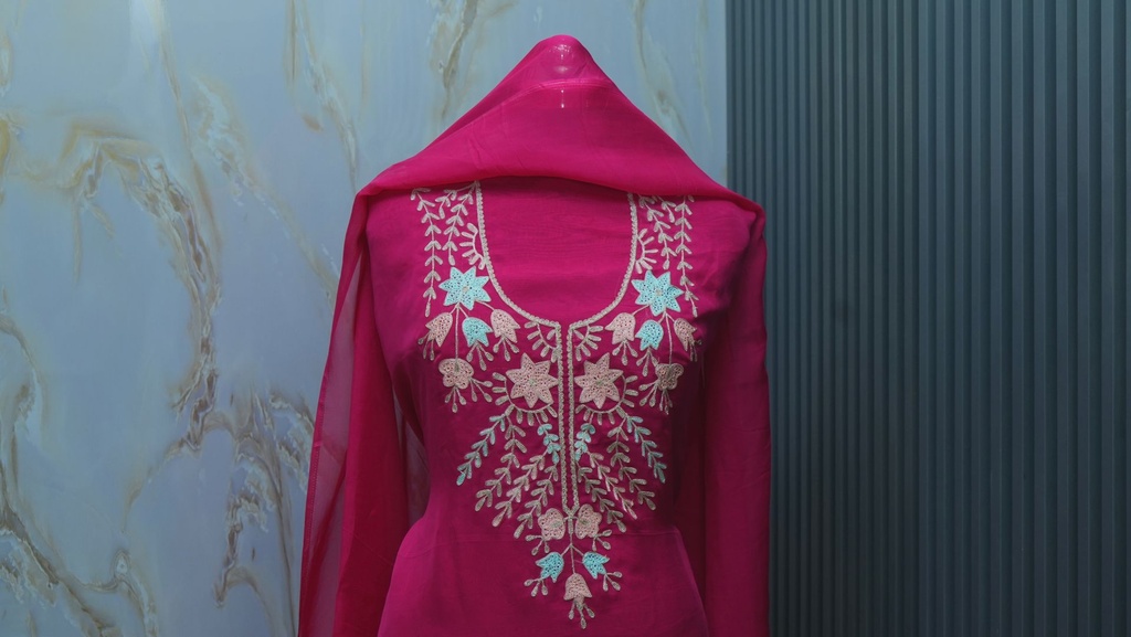 Organza Suit Set with Fine Aari Work & Embroidered Bottom & Dupatta