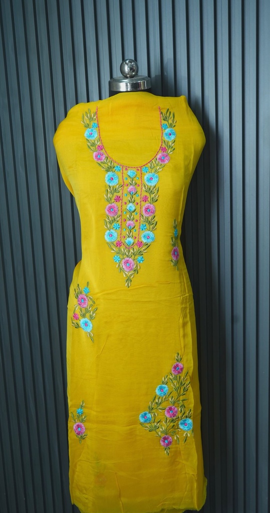 Vibrant Yellow Organza Suit Set & Pink & Blue Floral Machine Embroidered Suit