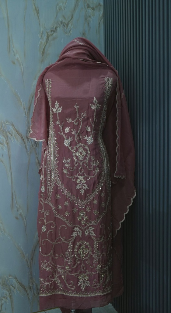 Dusty Rose Glass Tissue Premium Suit with a Mix Of Handwork And Aari Work