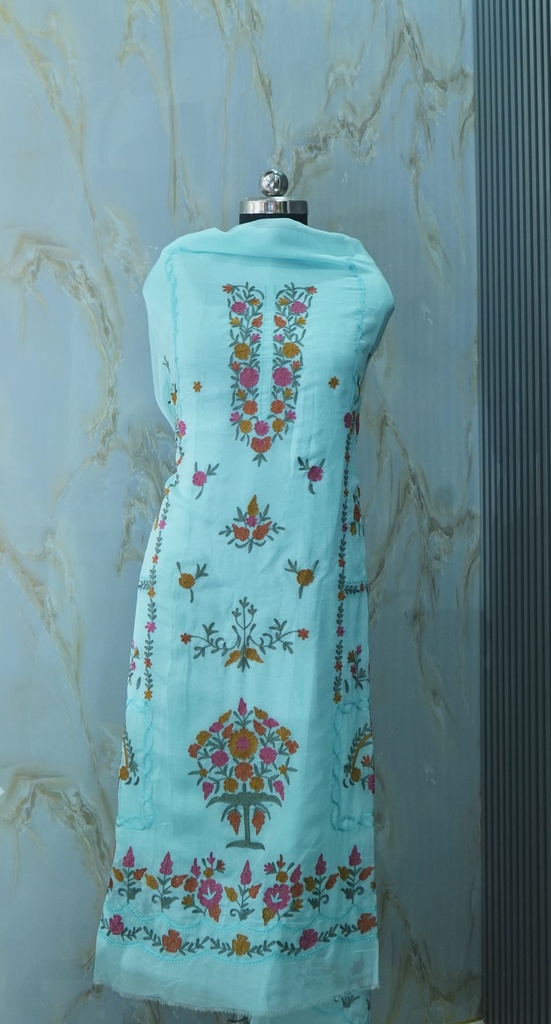 Summer Aqua Organza Suit Set With Floral Aari Embroidery & Heavy Dupatta