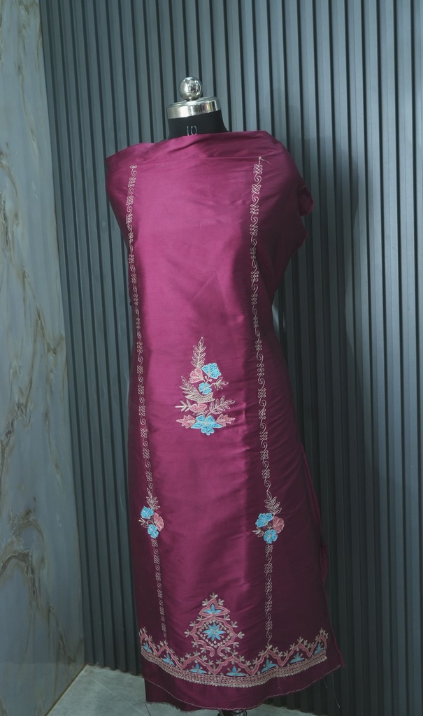Deep Wine Gavadin Silk Suit Set With Floral Aari Work & Laced Dupatta